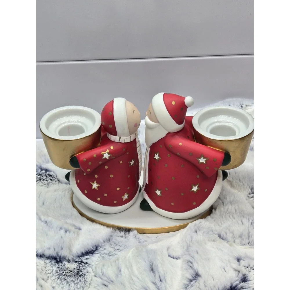PartyLite Christmas Santa Couple Tealight Holder Ceramic Red Gold Holiday - Picture 5 of 7